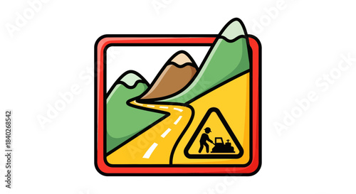 Mountain Road Construction Icon: A Scenic Illustration for Navigation and Road Safety