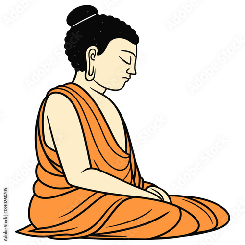 A serene Buddha in meditation, seated cross-legged in a lotus position. He wears flowing orange robes, has a topknot of curly black hair, and a peaceful expression with closed eyes and a gentle smile.