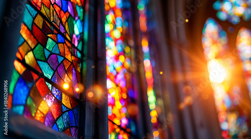 premium Christian church scene, sunlight passing through stained glass