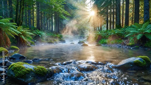Sunlit forest over a tranquil river; mossy rocks, ferns, and misty stream glow softly. at dawn glow!