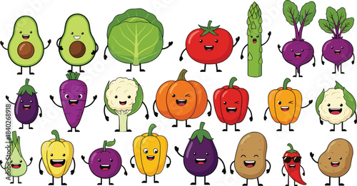 Cute vegetable character clipart set with smiling kawaii fruits and veggies, perfect for classroom décor, kids’ crafts, stickers, and educational projects