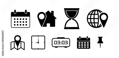 Date, time, and address icons set featuring clean minimal symbols for calendars, clocks, and location markers, designed for UI, apps, maps, websites, and modern interface projects.