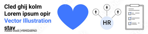 Team building, recruitment, job applications, employee management, workplace efficiency, hiring process. Blue heart, HR connections icon clipboard with checklist. Recruitment and job applications