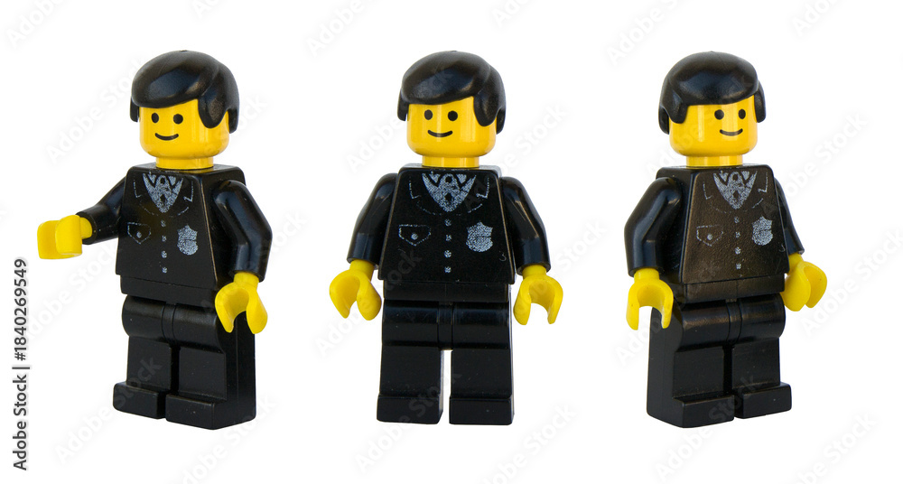 Obraz premium Figura de policía de LEGO oficial. Tres posturas. Imagen aislada