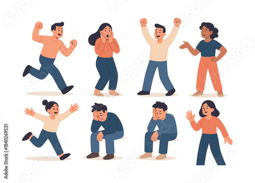 Diverse people expressions, flat vector illustration, emotions, gestures