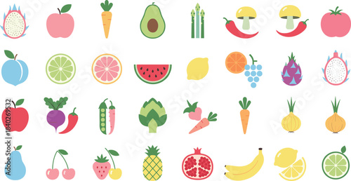 Colorful fruit and vegetable illustration set featuring fresh produce icons, healthy food clipart, cute pastel cartoon designs for stickers, labels, and digital projects