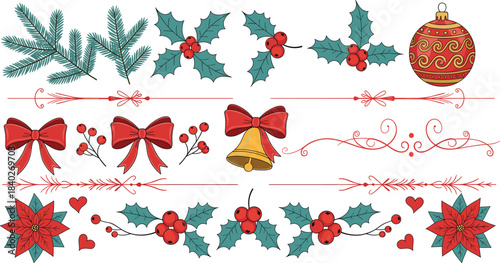 Christmas decorative borders clipart with holly, bows, poinsettias, ornaments, pine branches and festive dividers for holiday cards, invitations, crafts and seasonal designs
