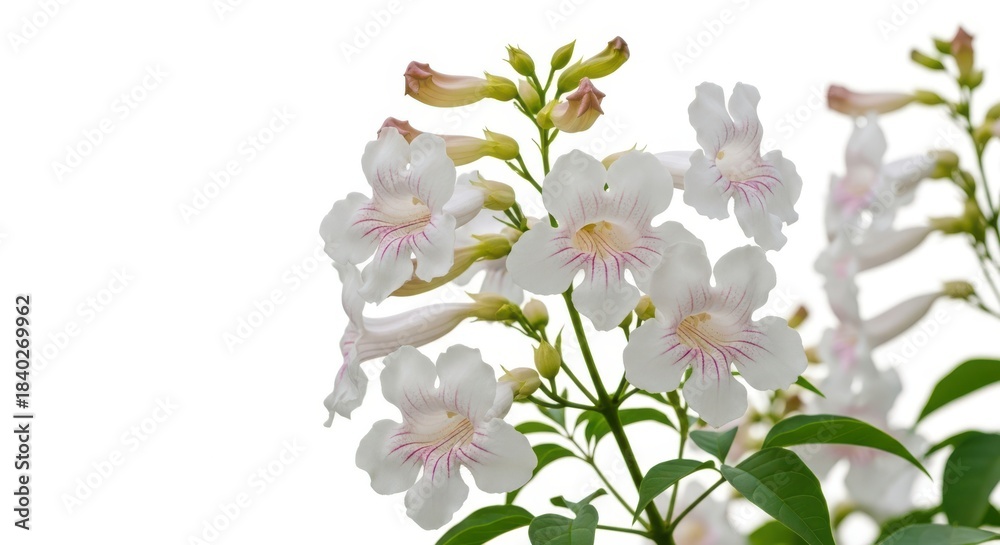 Obraz premium Delicate white trumpet shaped flowers with green leaves against a white background