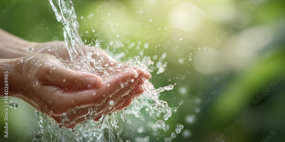Fototapeta premium Fresh Clean Water Flowing into Cupped Hands with Green Nature Background