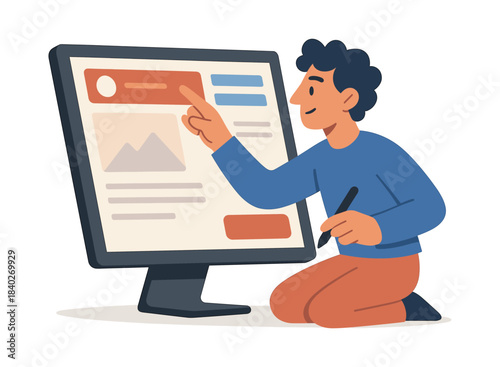 Man interacting with digital display, flat vector illustration of interface design