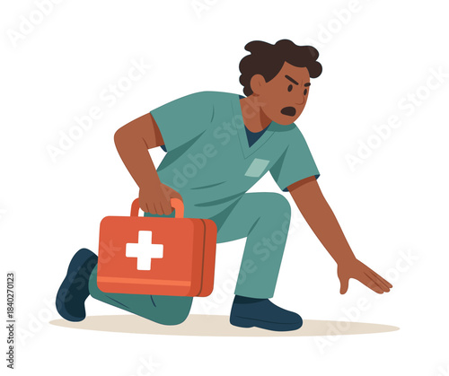 Emergency responder with first aid kit, flat vector illustration in medical scene