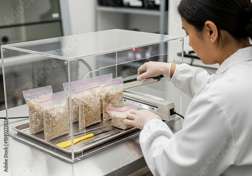 Scientist sealing bags of grain inside of a controlled environment, ensuring containment and supporting laboratory research and the sterilization process