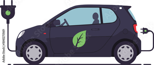 Eco-friendly electric car charging with green leaf symbol, representing sustainable transportation and clean energy