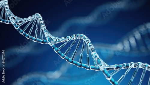 Vibrant blue transparent DNA helix depicting genetic information and medical science