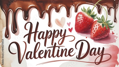 Happy Valentine Day Watercolor Card with Dripping Chocolate Sauce Fresh Strawberries and Red Hearts Greeting Typography Banner Illustration Design.