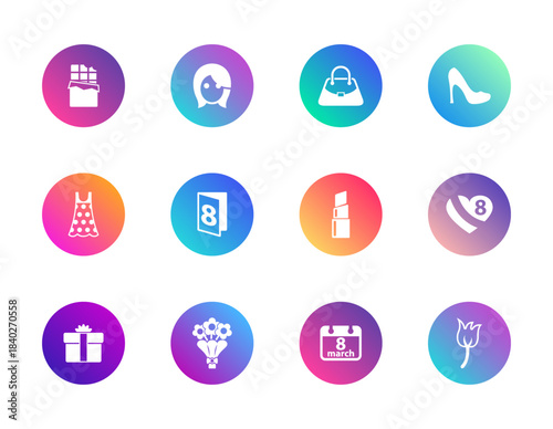 Women's Day, femininity, celebration. Vector set of 12 round gradient icons featuring gifts, flowers, fashion, beauty, and 8 March symbols for holiday, greeting, and festive design.