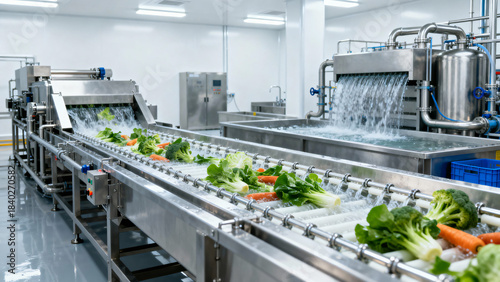 Fresh Produce Processing Line with Carrots and Lettuce in Modern Facility