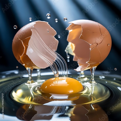 Cracked Egg with Liquid Yolk Dripping Macro Close Up Photography Food Preparation Concept Dark Background Fresh Ingredient Stock Image