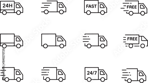 Delivery truck and van line icon set.Fast delivery truck icon line style vector. Express delivery trucks icons.  Cargo vehicle and transportation symbols for logistics, shipping services, and freight.
