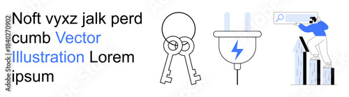 Security, energy, technology, eco solutions, business development, digital innovation. Two keys, electric plug with lightning symbol man analyzing growth graph. Security and energy