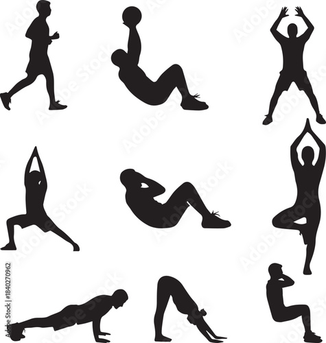 Collection of Silhouettes Representing Various Fitness Exercises and Healthy Lifestyle Activities
