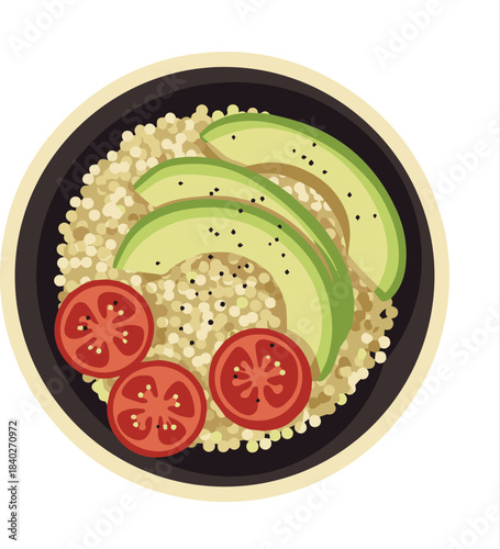A vibrant and nutritious illustration showcasing a healthy quinoa bowl topped with fresh avocado slices and juicy red tomatoes, perfect for a balanced vegan meal or light lunch