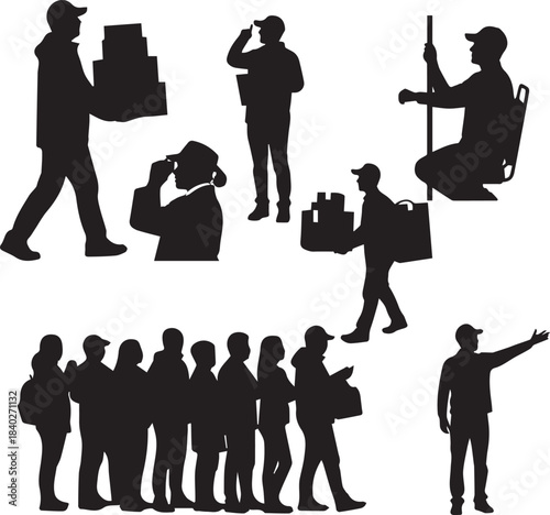 Delivery and logistics professionals engaged in various delivery tasks, carrying boxes and packages with diligence and efficiency