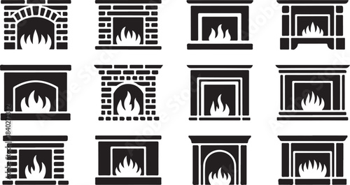 Twelve black and white fireplace icons featuring flames and different architectural styles hearth symbol