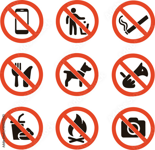 Prohibited icons set no cell phone zone, litter, smoking, pets, no eating and drinks allowed, do not touch, do not light a fire, no photography