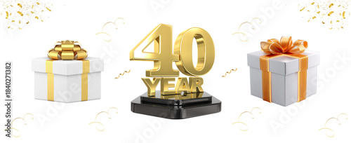 Premium 40 Years Anniversary Golden Celebration on White Background Illustration Vector. Luxurious 40 Years anniversary golden emblem with gifts and sparkles - ideal for milestone celebrations, events