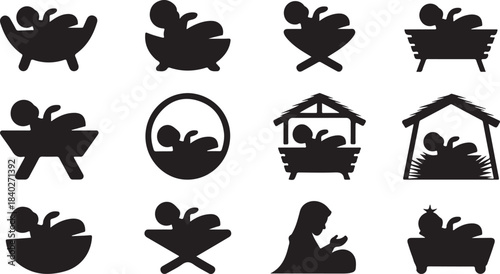 Twelve black silhouette icons depicting nativity scenes and baby Jesus on a white background Keywords: Nativity, Christmas, baby Jesus, manger, crib, stable, silhouette, icon, symbol, religious