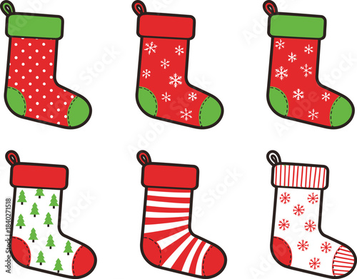 Fotografi Cartoon Christmas Stocking Set Illustration – Six Festive Designs with Snowflake