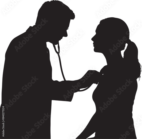 Silhouette of doctor examining female patient isolated on white background