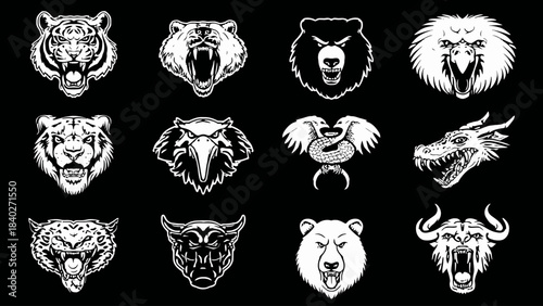 A collection of twelve fierce animal head illustrations in a black and white graphic style, arranged in three rows of four.