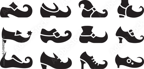 Twelve Black Silhouette Icons of Assorted Historical and Fantasy Shoes on White Background Keywords: shoe, shoes, footwear, icon, symbol, silhouette, graphic, design, element, historical, fantasy