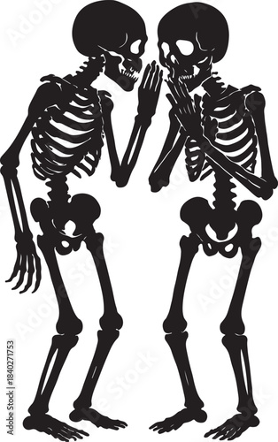  two full skeletons whispering secrets to each other, a spooky and macabre silhouette vector on a white backgraound