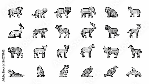 A collection of pixel art illustrations of various animals in grayscale, including mammals, birds, and marine life.