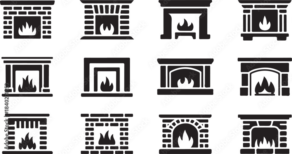 Fototapeta premium Twelve Black Silhouette Icons of Fireplaces with Flames on White Background hearth chimney