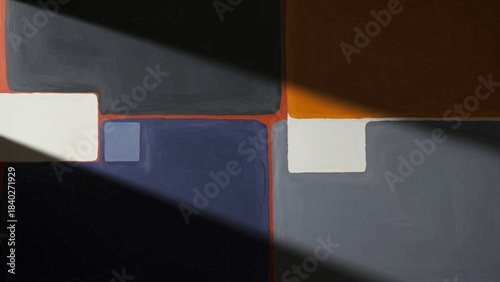 Abstract geometric composition featuring contrasting blocks of color and strong diagonal shadows, creating a dynamic visual interplay.