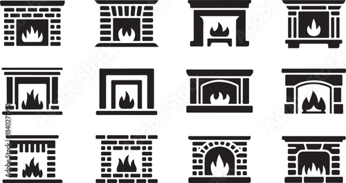 Twelve Black Silhouette Icons of Fireplaces with Flames on White Background hearth chimney