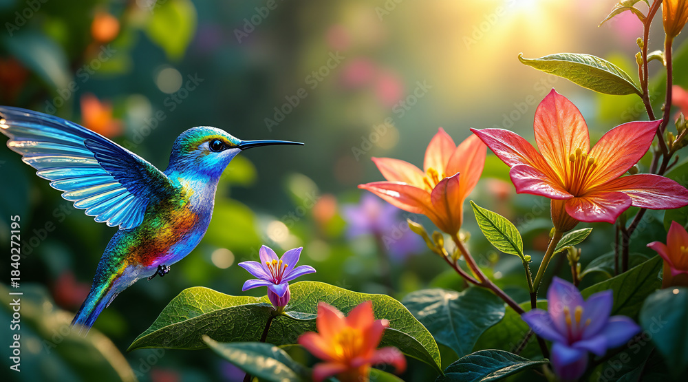Naklejka premium Vibrant Hummingbird Flying Among Colorful Blossoms in Natural Garden Setting