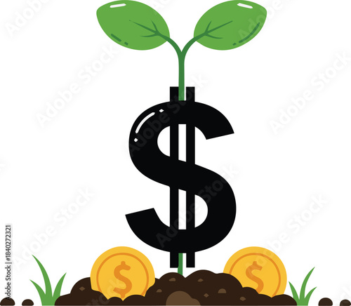 Symbol of financial growth and investment, a dollar sign with a sprouting plant and coins, representing economic development and wealth creation