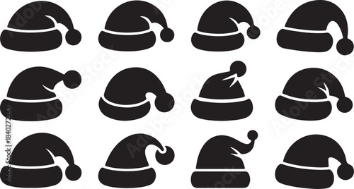 Twelve Black Silhouette Icons of Santa Claus Hats in Different Styles Keywords: Santa hat, Christmas, holiday, festive, icon, symbol, winter, hat, silhouette, black and white, isolated, graphic