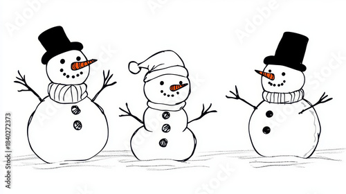 Three cheerful snowmen with hats and scarves, showcasing playful winter scene filled with joy and holiday spirit