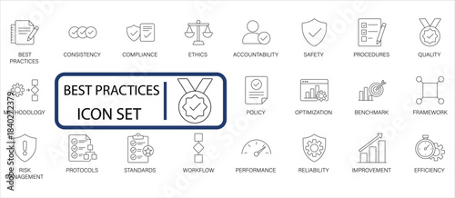 Best Practices Line Icon Set. Covers methodology, policy, compliance, optimization, and standards. Perfect for business and training.