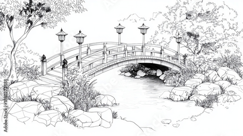 Serene landscape featuring traditional bridge over calm waterway, surrounded by lush greenery and decorative lanterns. scene evokes tranquility