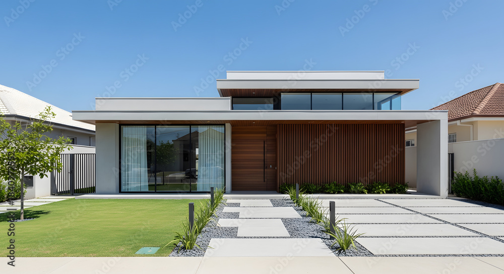 Fototapeta premium Modern Minimalist House Exterior Inspiration with White Facade and Wood Accents. Contemporary Residential Architecture with Green Lawn.