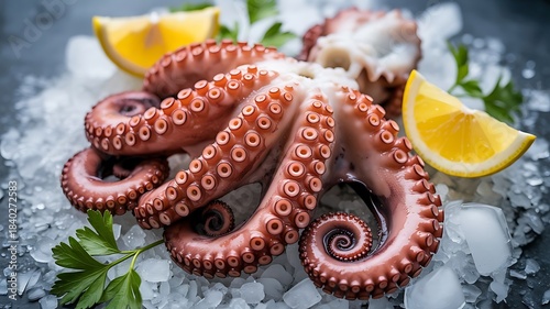 Perfectly cooked octopus tentacles, served dramatically on crushed ice with bright lemon wedges and fresh parsley garnish.