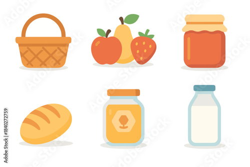 Collection of essential food and drink items, including a basket, fruits, jam, bread, honey, and milk, presented as flat design illustrations.