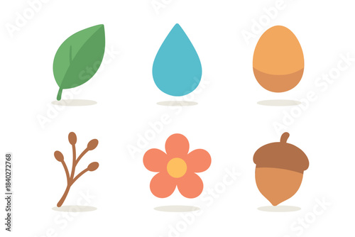 Minimalist flat design nature icons set showcasing various natural elements like a leaf, water drop, egg, branch, flower, and acorn.